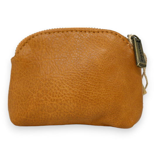 Kleine senfgelbe Leder-Geldbörse mit Reißverschluss und texturierter Oberfläche, Markenlogo auf Reißverschluss sichtbar