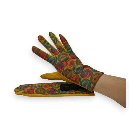 Bunte Handschuhe aus Wildlederimitat in Senfgelb mit mehrfarbigem Spiralmuster, modisches Accessoire für Herbst und Winter
