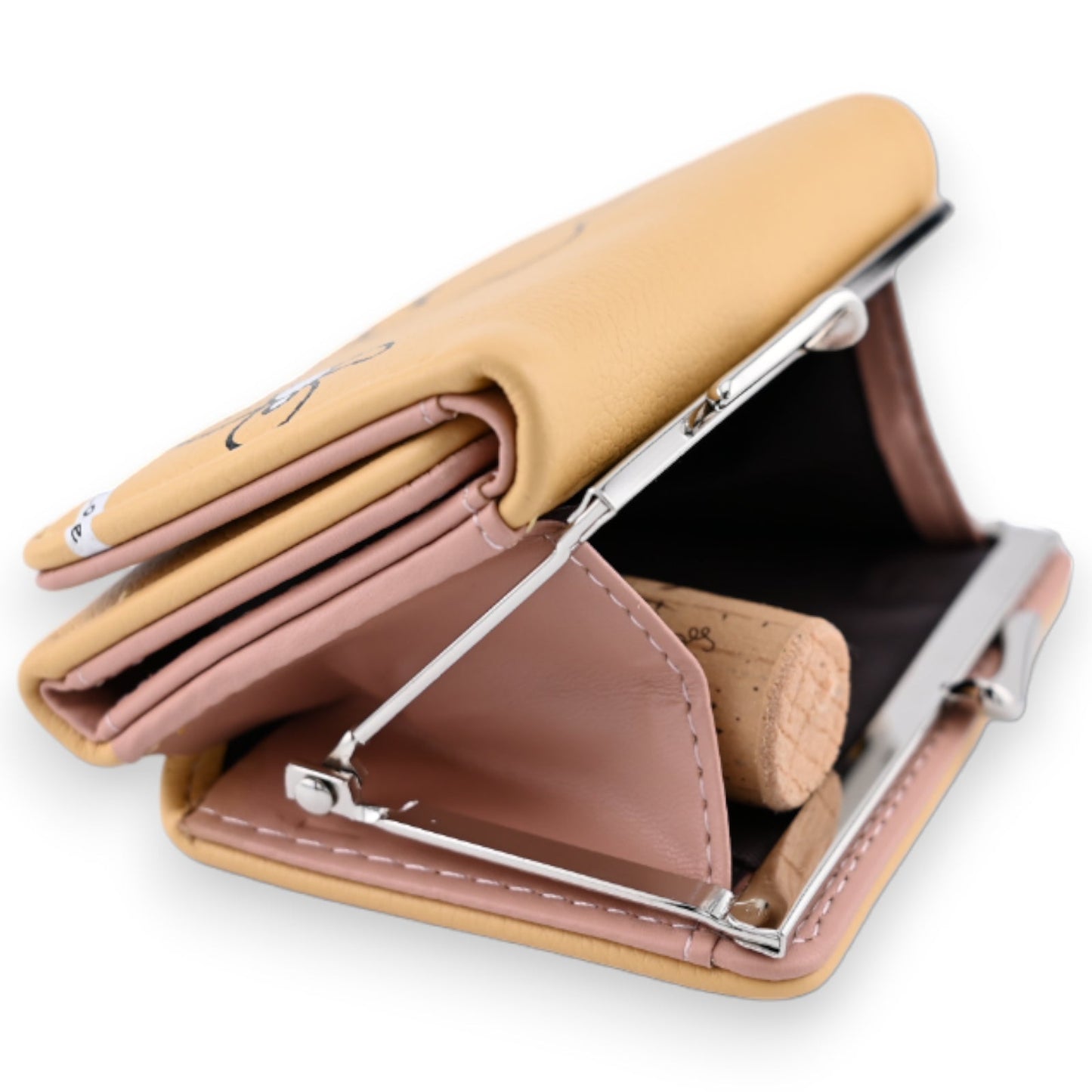 Kleiner Geldbeutel in Senfgelb und Rosa, aufgeklappt mit Münzfach und Kartenfächern, kompaktes Design