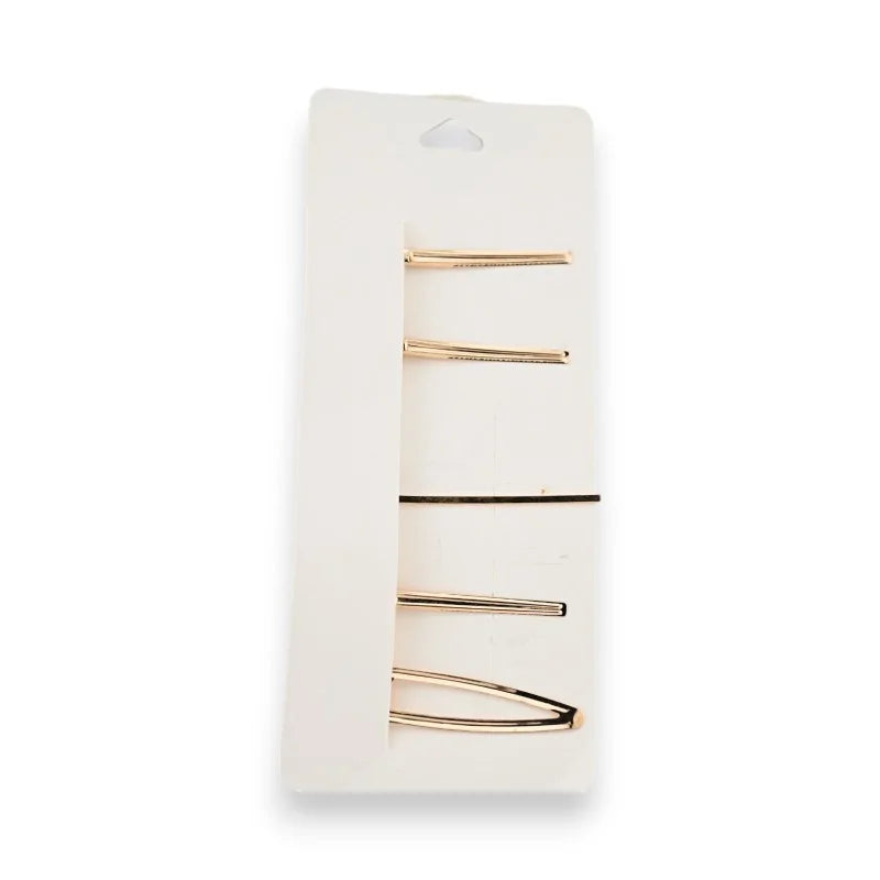 Set aus 5 minimalistischen Haarspangen aus goldfarbenem Metall auf weißem Hintergrund