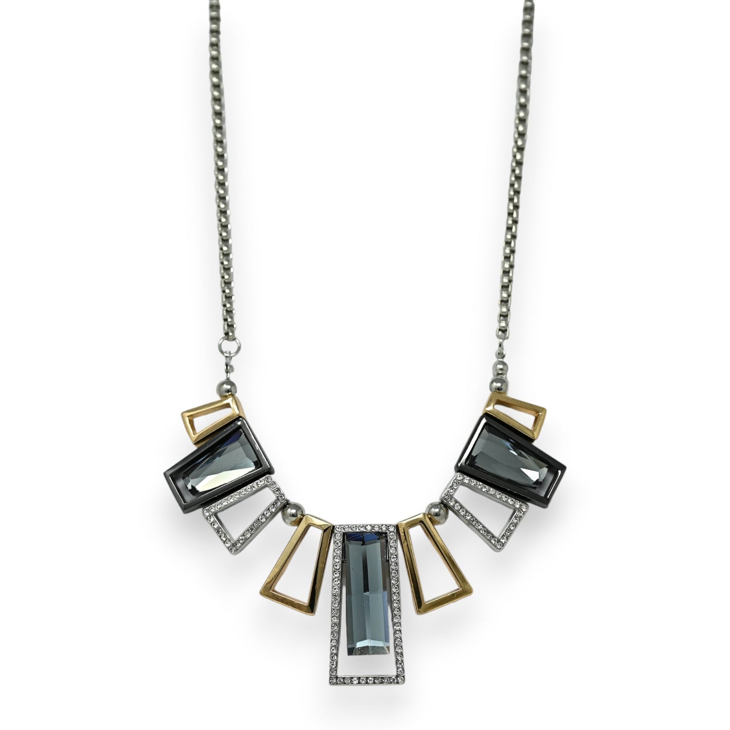 Elegante Silber-Gold-Halskette mit geometrischen Anhängern, grauen Kristallen und Strasssteinen