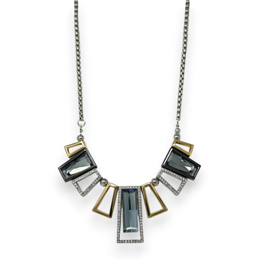 Elegante Silber-Gold-Halskette mit geometrischen Anhängern, grauen Kristallen und Strasssteinen