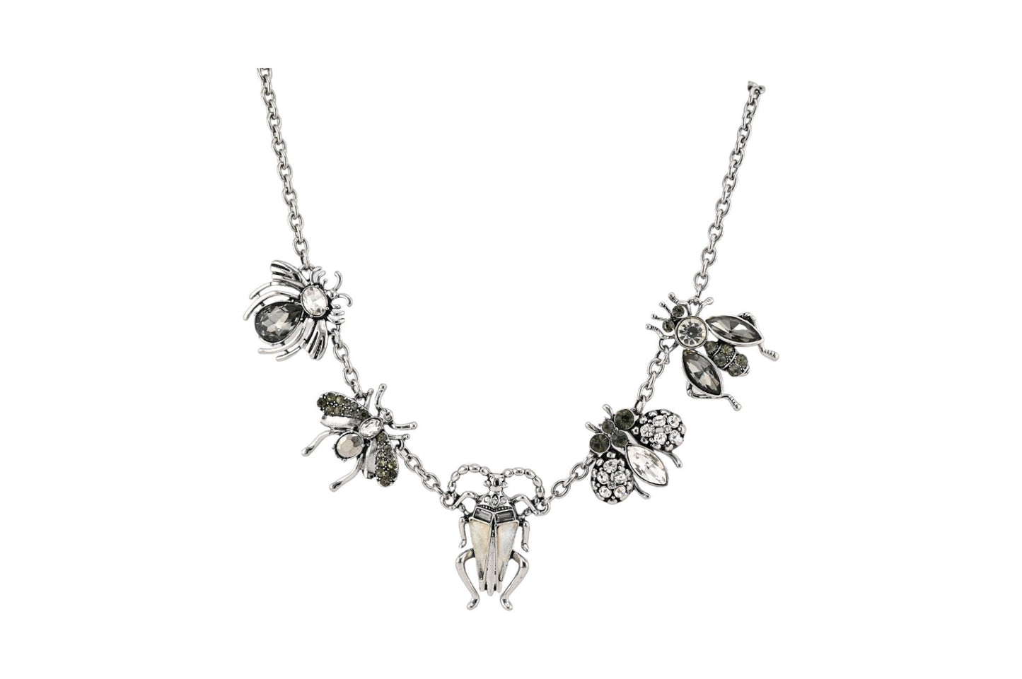 Silberne Halskette mit Insekten-Anhängern: Spinne, Käfer und Bienen, verziert mit Kristallen und Edelsteinen