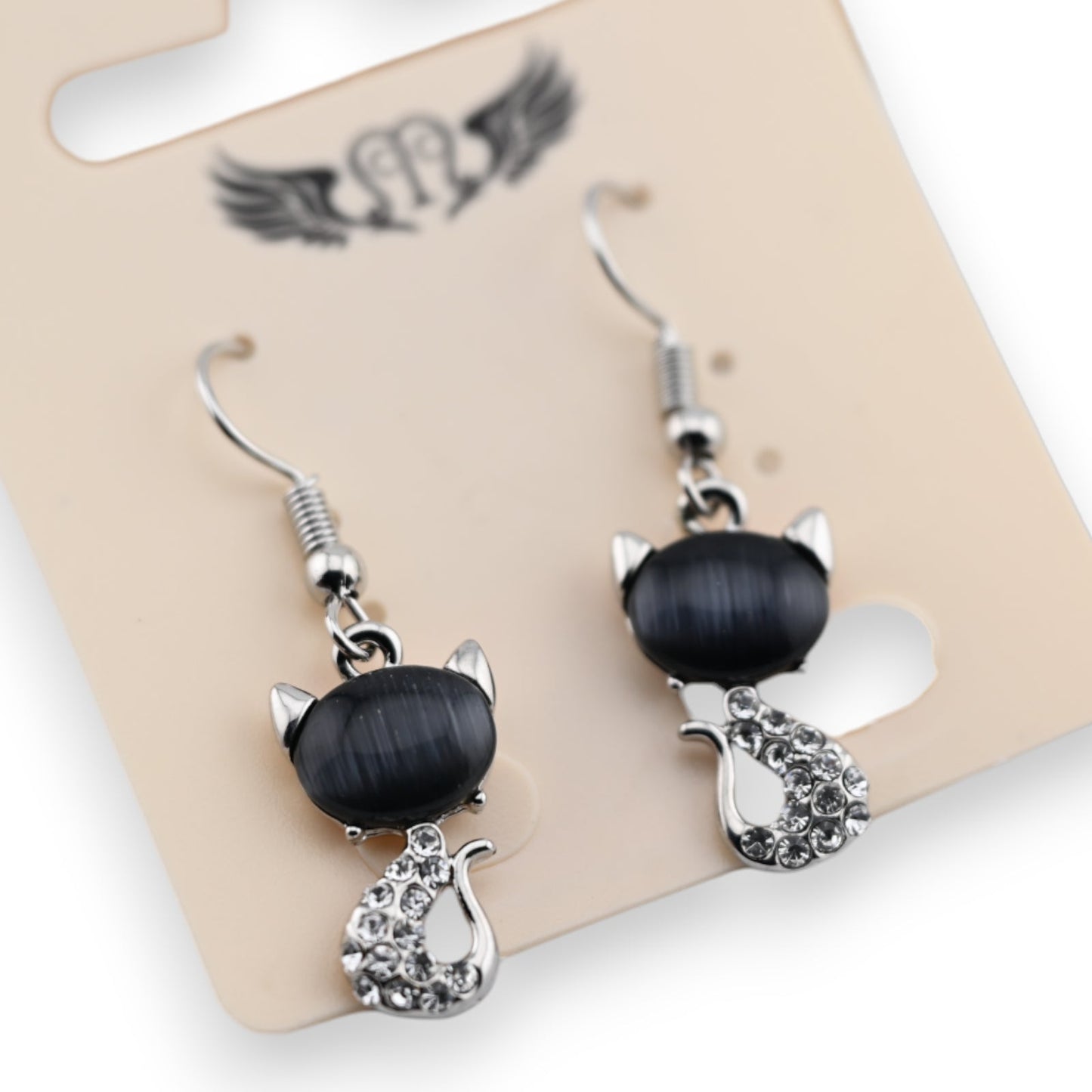 Ohrringe aus Silber, schwarzer Kater und Strass