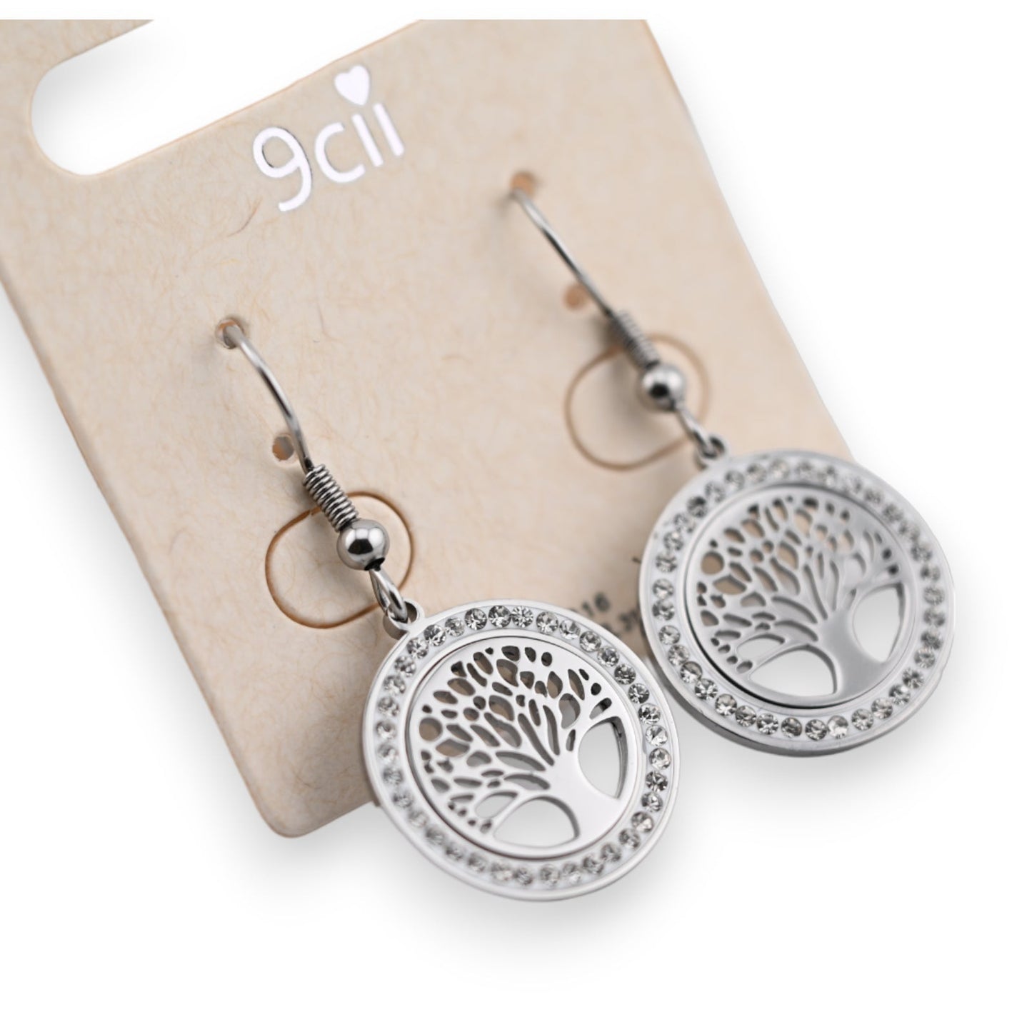 Ohrringe aus silbernem Stahl, funkelnder Baum des Lebens