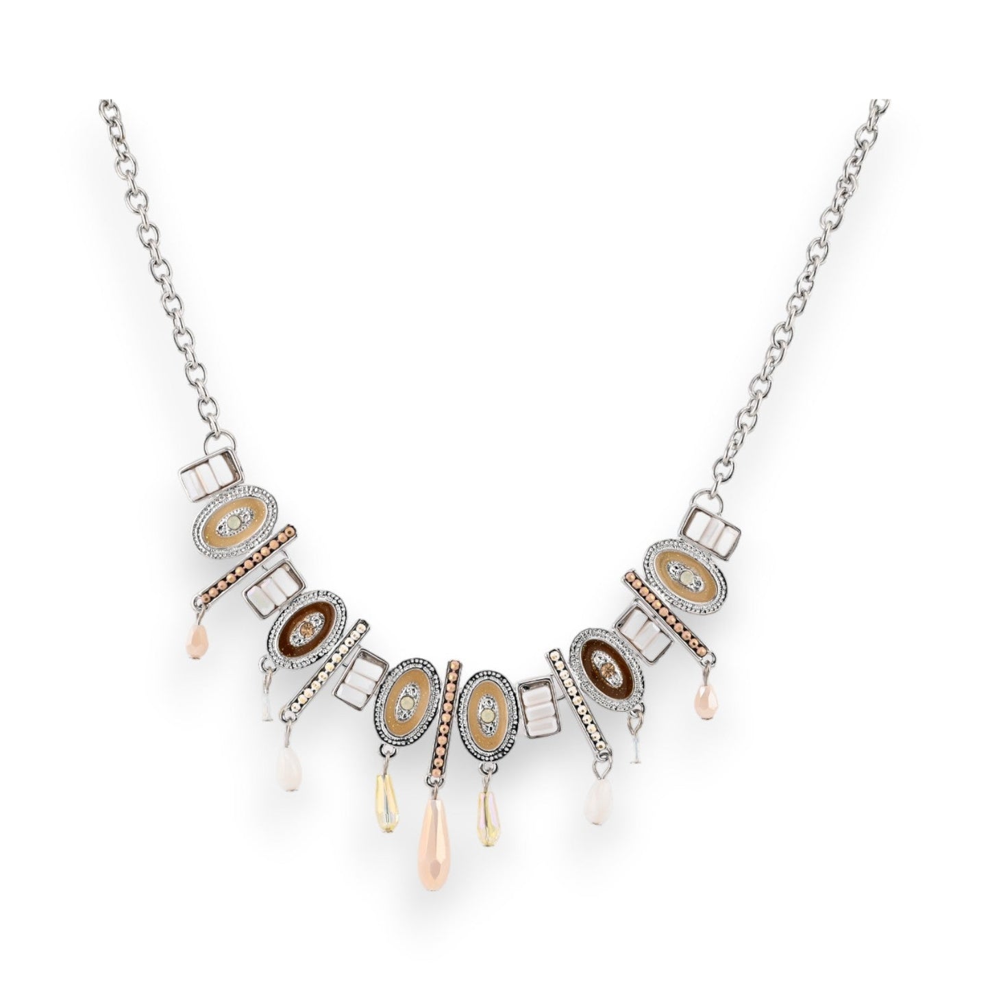 Elegante Silber-Halskette mit ovalen Anhängern, Kristallen und beigefarbenen Tropfen, Modeschmuck von Ikita