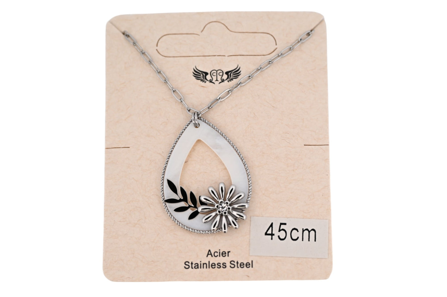 Halskette aus silberfarbenem Stahl mit Perlmutt-Medaillon und durchbrochenen Blumen