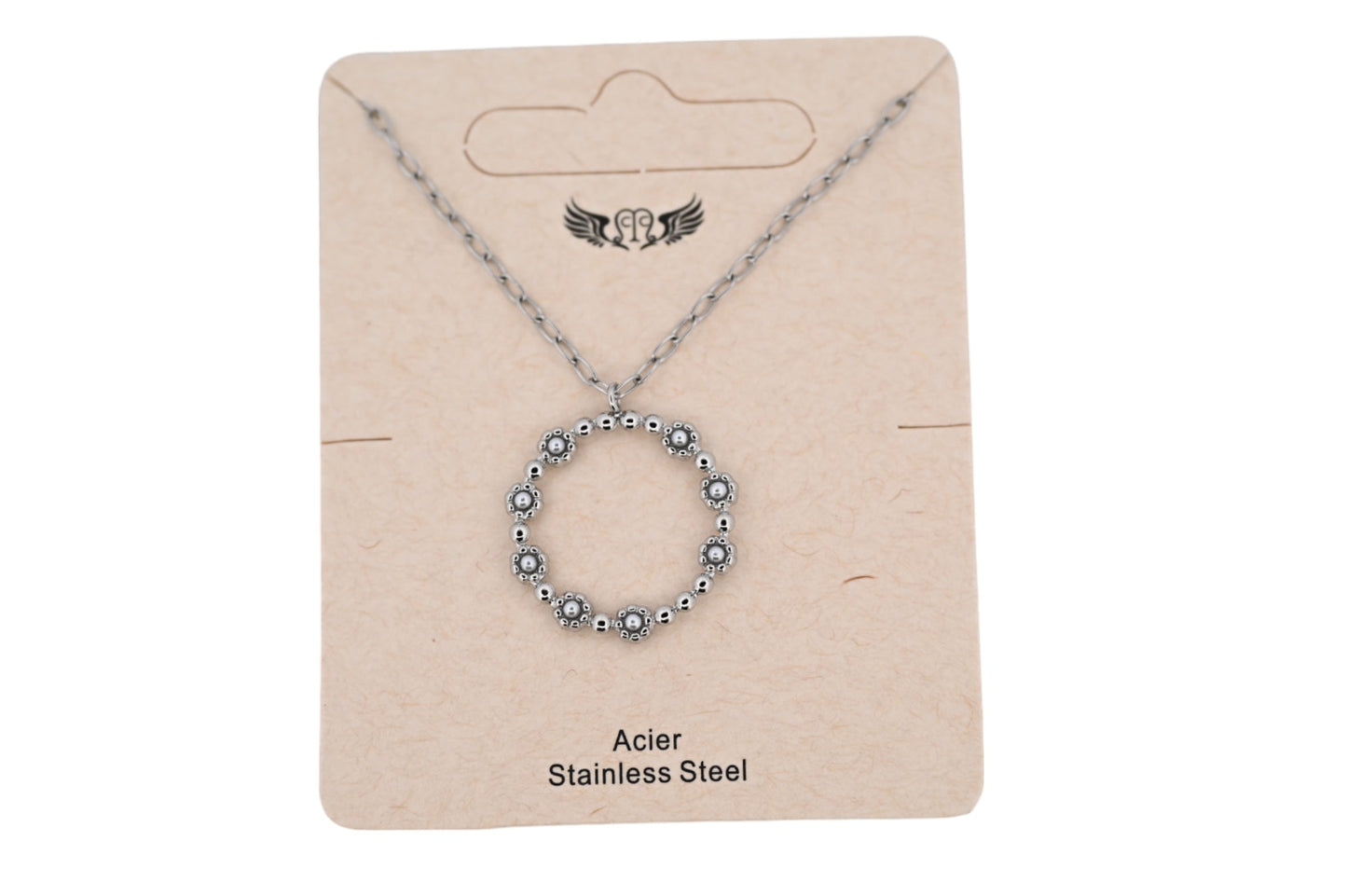 Halskette aus silbernem Stahl mit Blumenkrone und kleinen grauen Perlen