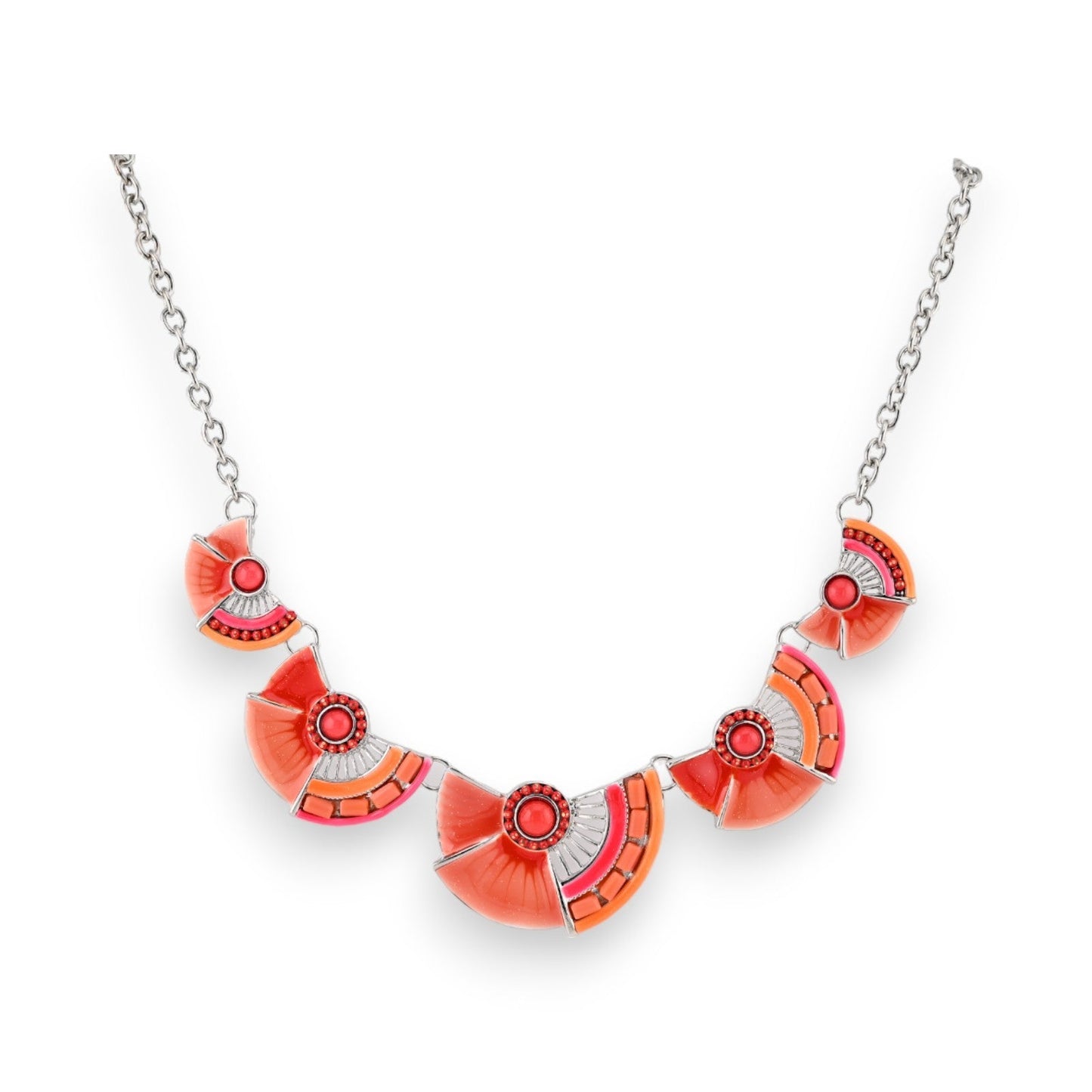 Silberne Halskette mit fünf halbkreisförmigen Anhängern in Rot, Orange und Pink, im Sonnenuntergang-Design