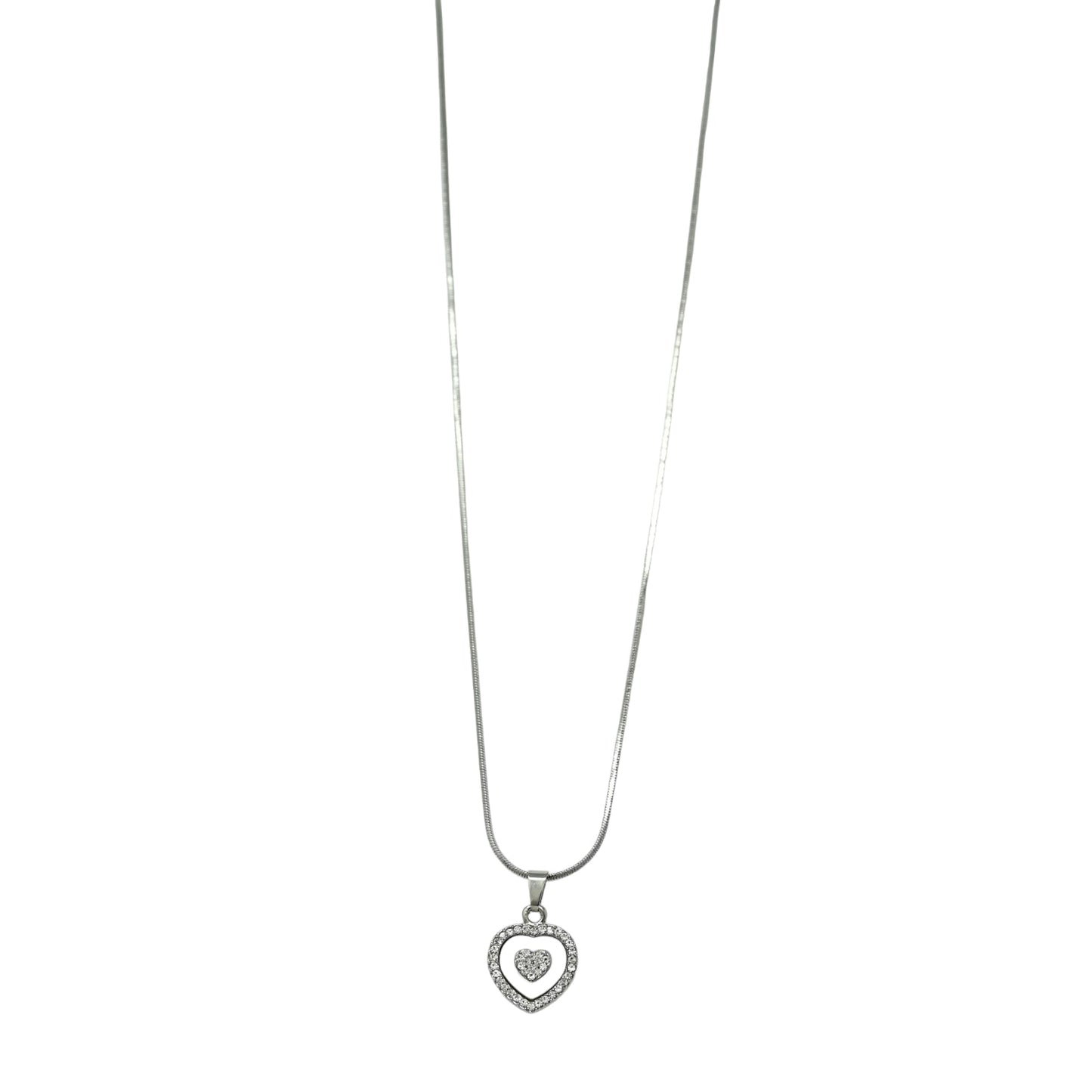 Zarte Silberkette mit Herzanhänger, Strass-Umrandung und Keramik-Herz-Zentrum, eleganter Modeschmuck