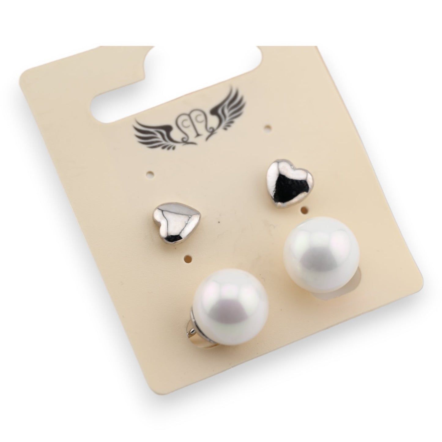 Ohrringe aus silberner Fantasie, Herzen und helle Perle