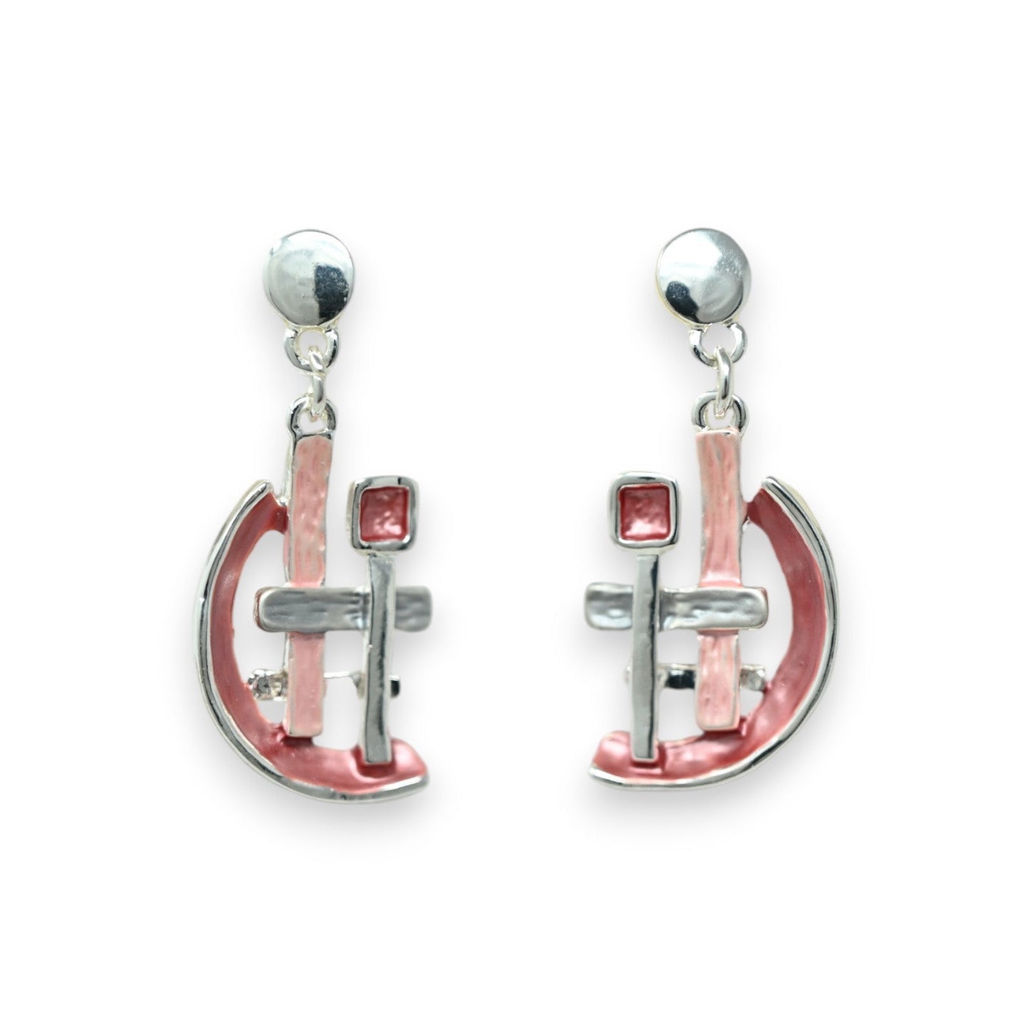 Silberne Ohrringe mit rosa geometrischen Anhängern, abstrakte halbkreisförmige Designs mit Stäben und Quadraten