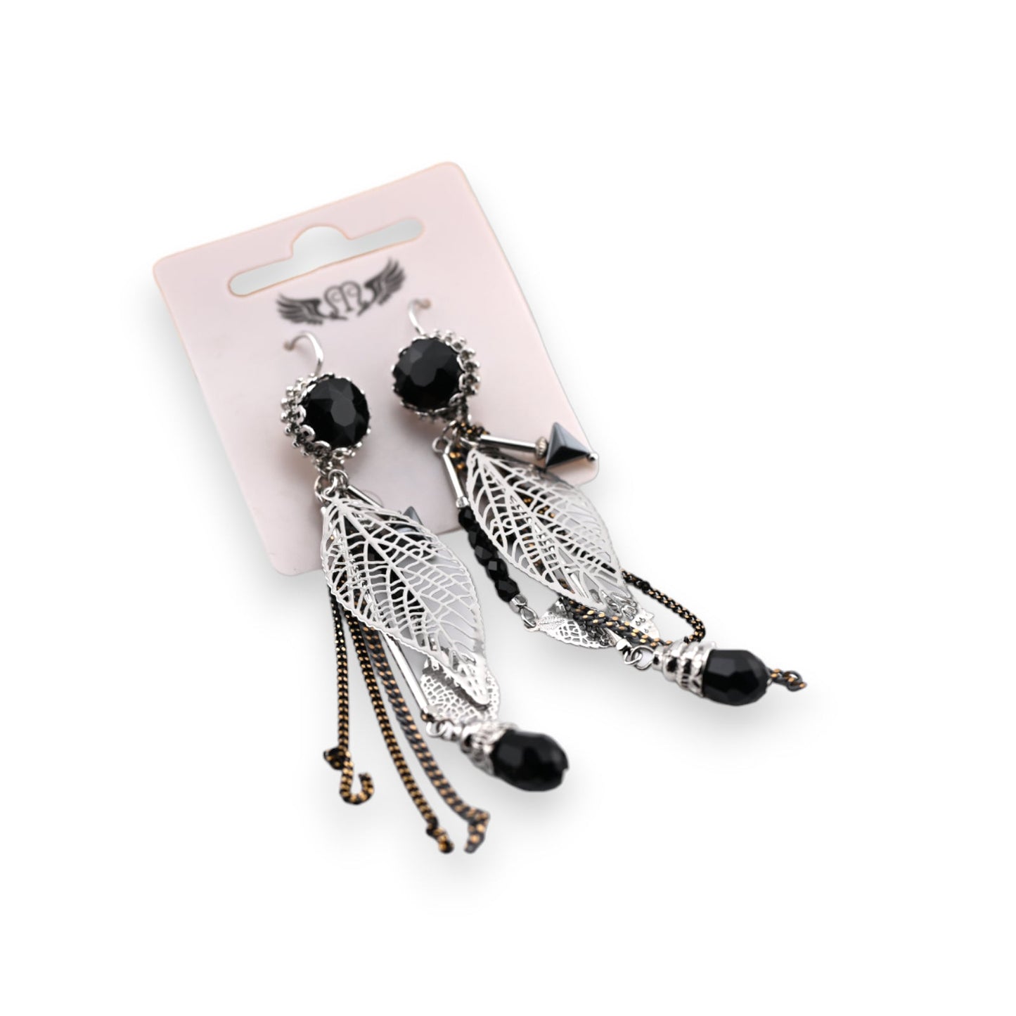 Hängende silberne und schwarze Ohrringe mit Blätter-Anhängern