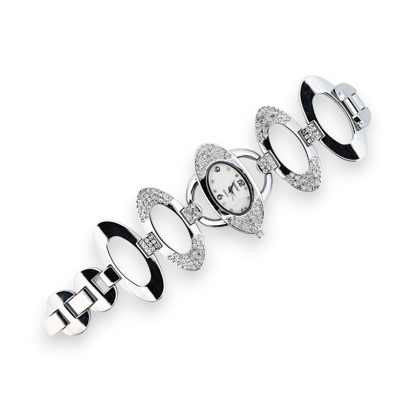 Elegante Silber-Armbanduhr mit ovalen Gliedern und Strass-Verzierungen, luxuriöses Design für Damen