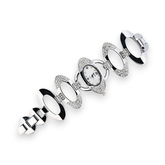 Elegante Silber-Armbanduhr mit ovalen Gliedern und Strass-Verzierungen, luxuriöses Design für Damen