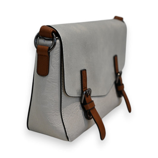 Elegante silberne Umhängetasche mit braunen Lederdetails, seitliche Ansicht, modisches Accessoire für Damen