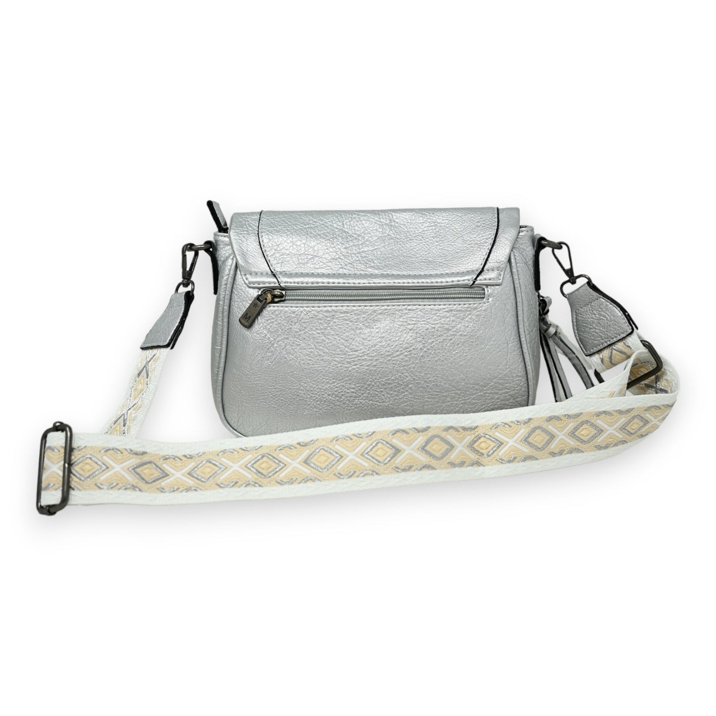 Silberne Umhängetasche aus Leder mit Reißverschluss und abnehmbarem Stoffriemen mit geometrischem Muster in Beige und Grau