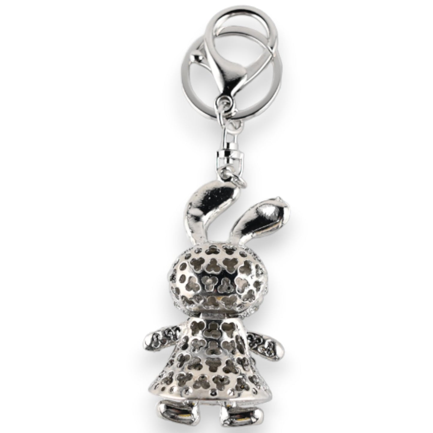 Silberner Schlüsselanhänger mit Hasen-Anhänger, durchbrochenes Muster, lange Ohren, Kleidform mit Löchern, metallisch glän...