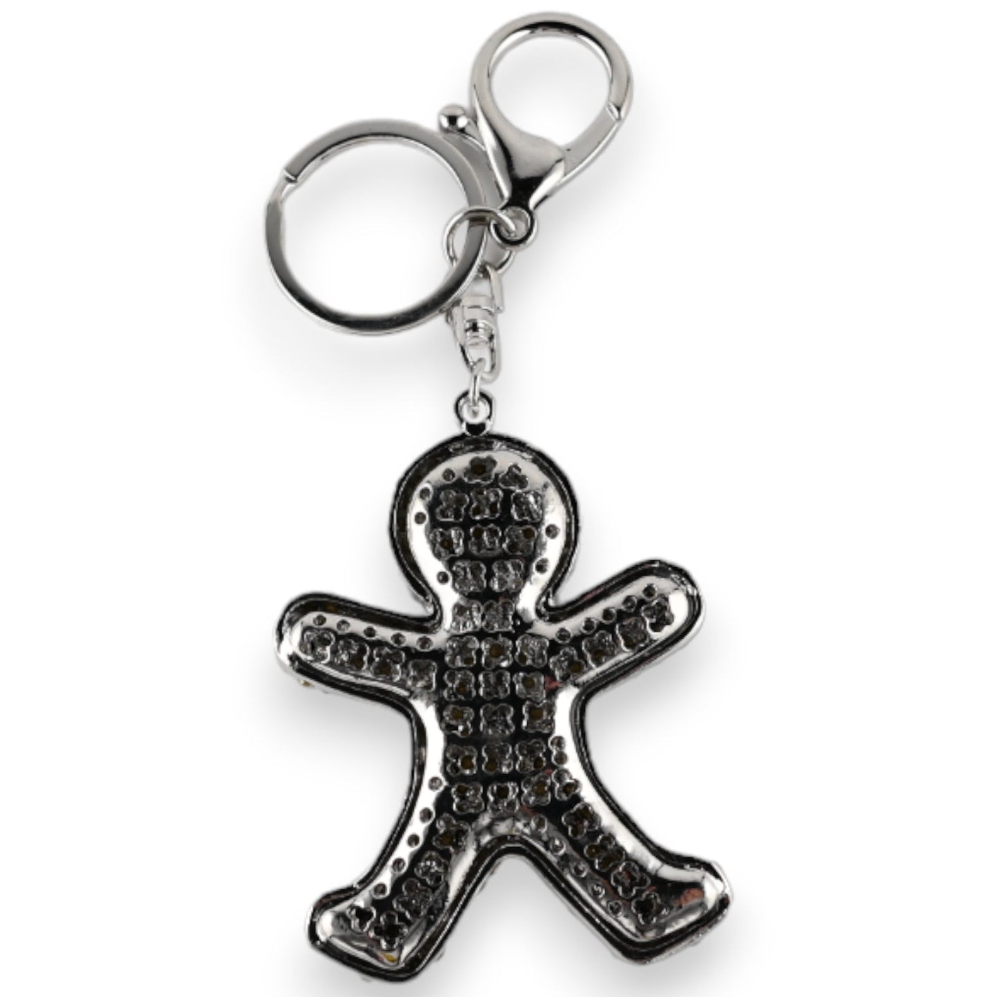 Silberner Schlüsselanhänger mit glitzerndem Keksmann-Anhänger, besetzt mit kleinen Kristallen, an einem Karabinerhaken