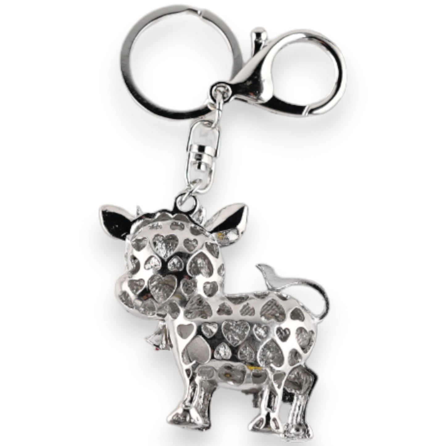 Silberner Schlüsselanhänger in Form einer Kuh mit Herzmuster, dekorativer Anhänger aus Metall