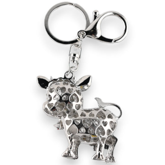 Silberner Schlüsselanhänger in Form einer Kuh mit Herzmuster, dekorativer Anhänger aus Metall