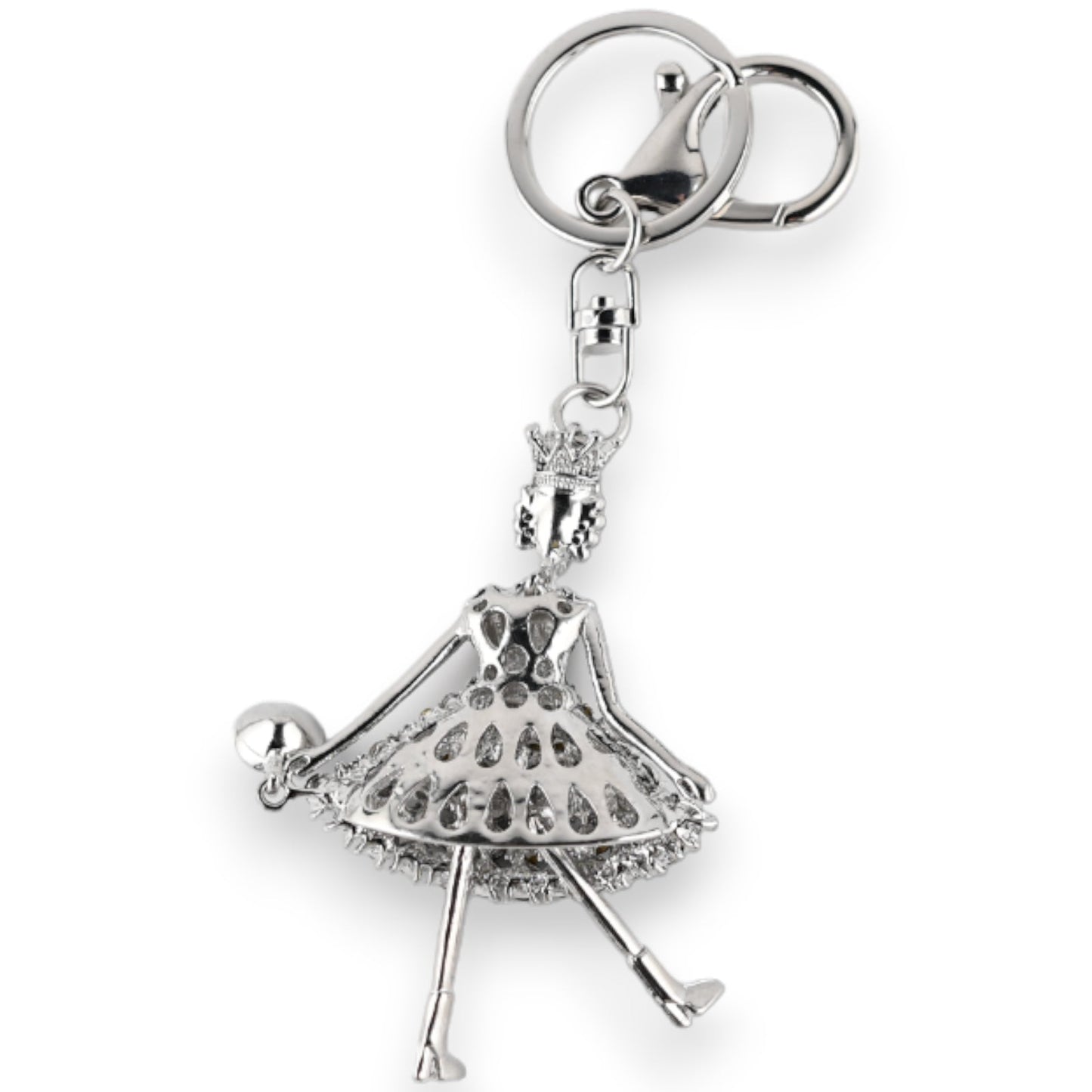 Silberner Schlüsselanhänger mit beweglicher Prinzessinnenfigur im detaillierten Kleid und Krone, elegantes Accessoire