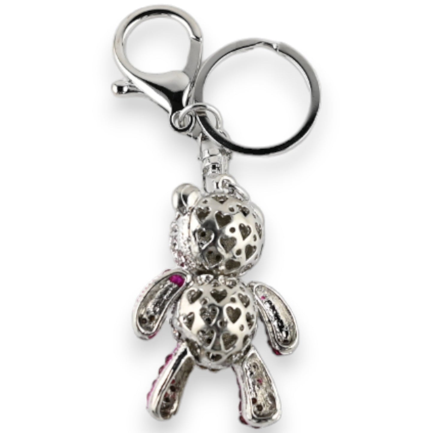 Silberner Schlüsselanhänger mit Teddybär-Anhänger, verziert mit Herzmuster und fuchsiafarbenen Strasssteinen