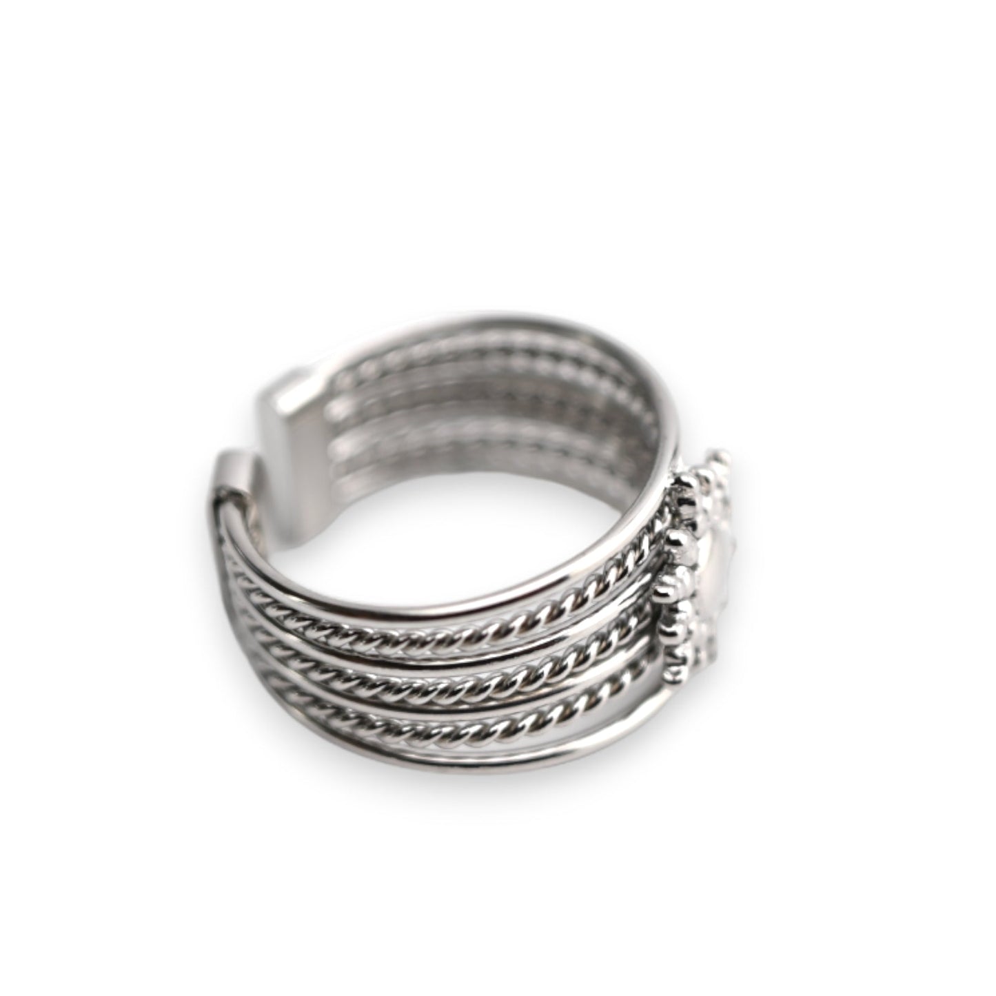 Mehrreihiger silberner Ring aus Stahl mit gedrehtem Muster und Sonnendesign, schmuckvolles Accessoire