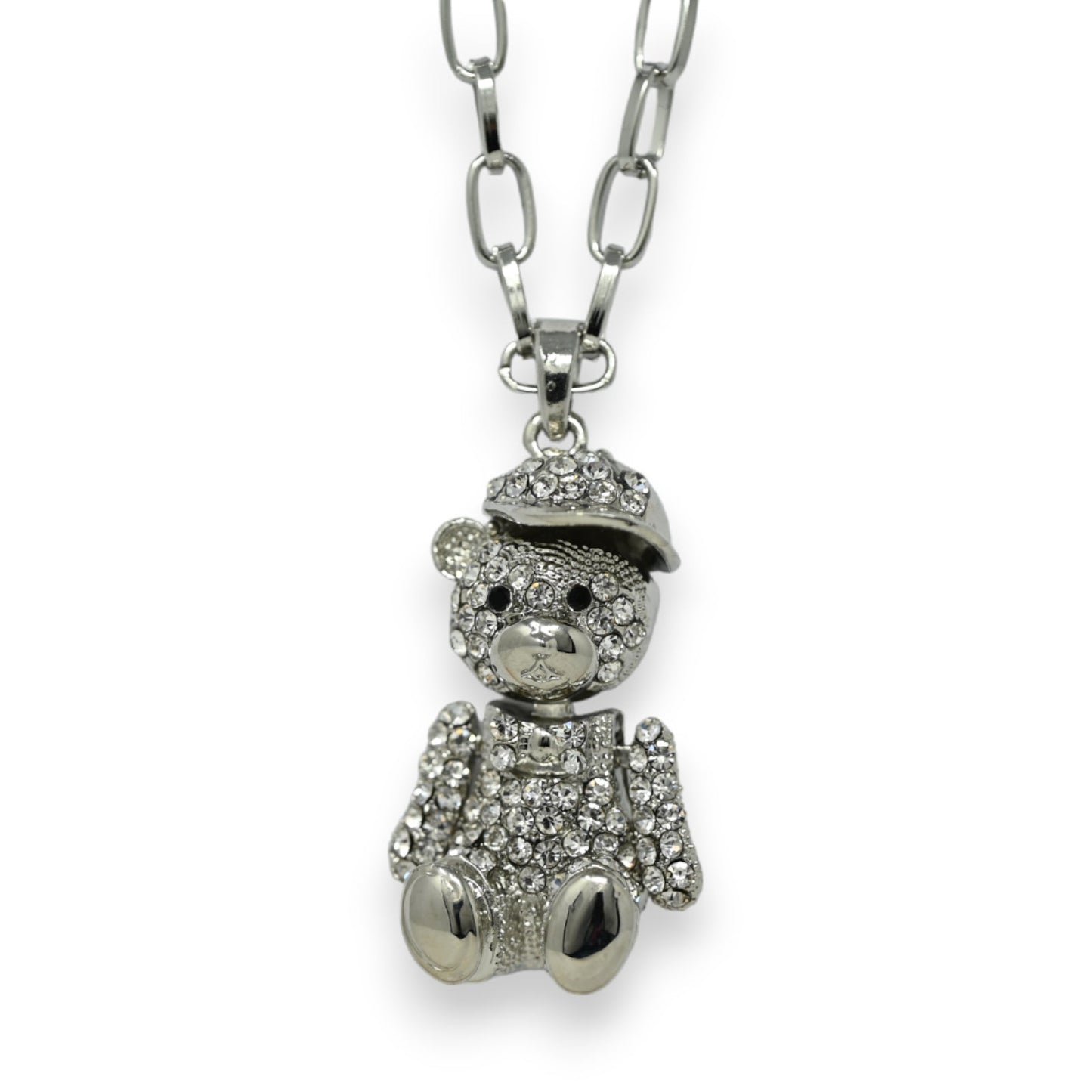 Langer Silberschmuck Teddybär Mütze Strass
