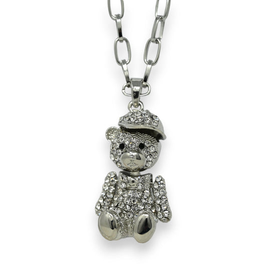 Langer Silberschmuck Teddybär Mütze Strass