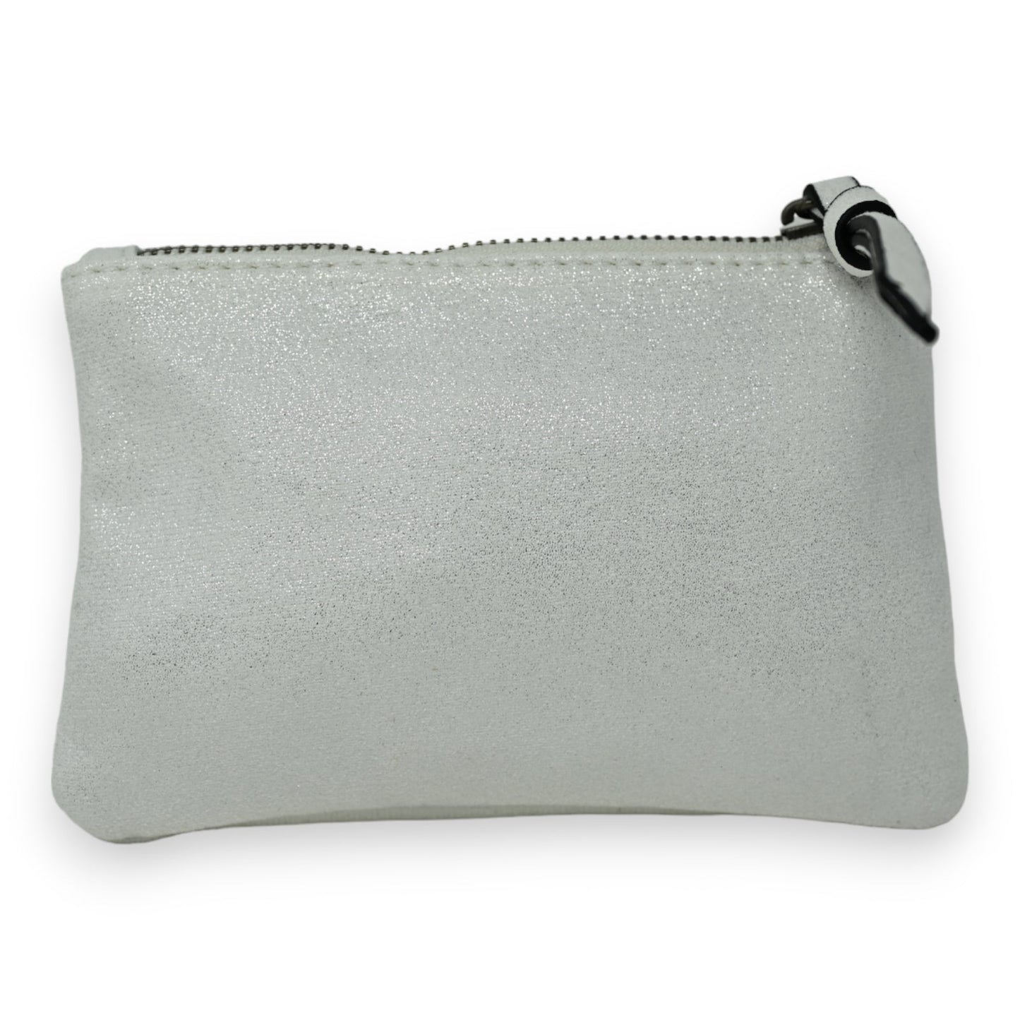 Kleines silbernes Portemonnaie mit Reißverschluss, glänzender Stoff, rechteckige Form, ideal für Münzen oder Kleinigkeiten