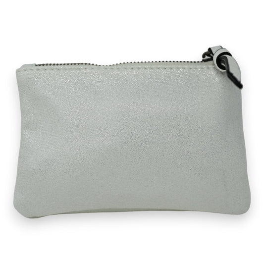 Kleines silbernes Portemonnaie mit Reißverschluss, glänzender Stoff, rechteckige Form, ideal für Münzen oder Kleinigkeiten
