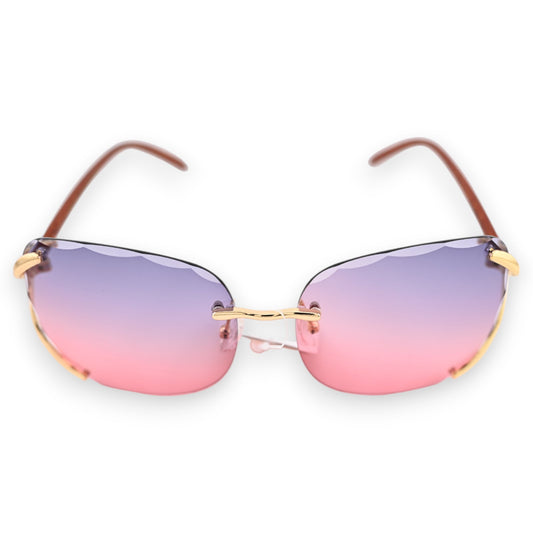 Sonnenbrille mit rahmenlosem Design und Farbverlauf von Lila zu Rosa, goldenen Bügeln und braunen Ohrbügeln