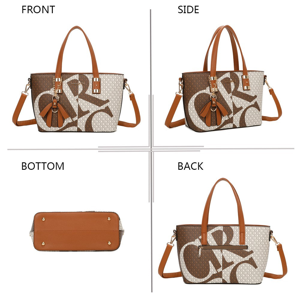 Elegante Damenhandtasche mit Monogramm-Muster in Beige und Braun, verschiedene Ansichten: Vorne, Seite, Unten, Rückseite