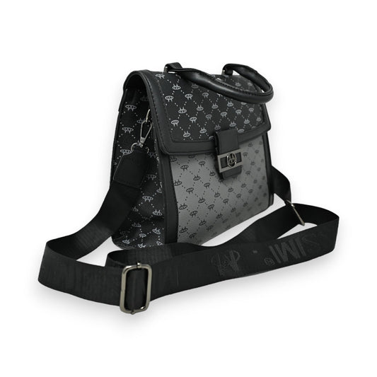 Elegante zweifarbige Handtasche in Grau und Schwarz mit Monogramm-Muster, verstellbarem Schulterriemen und Schnallenversch...