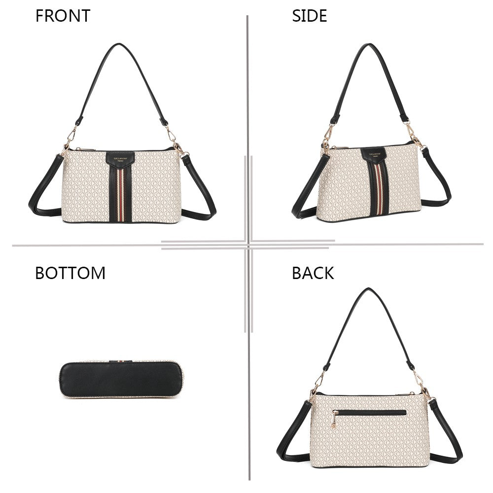 Elegante Damenhandtasche in Beige mit schwarzen Details, Schulterriemen und Reißverschluss, von vier Seiten gezeigt