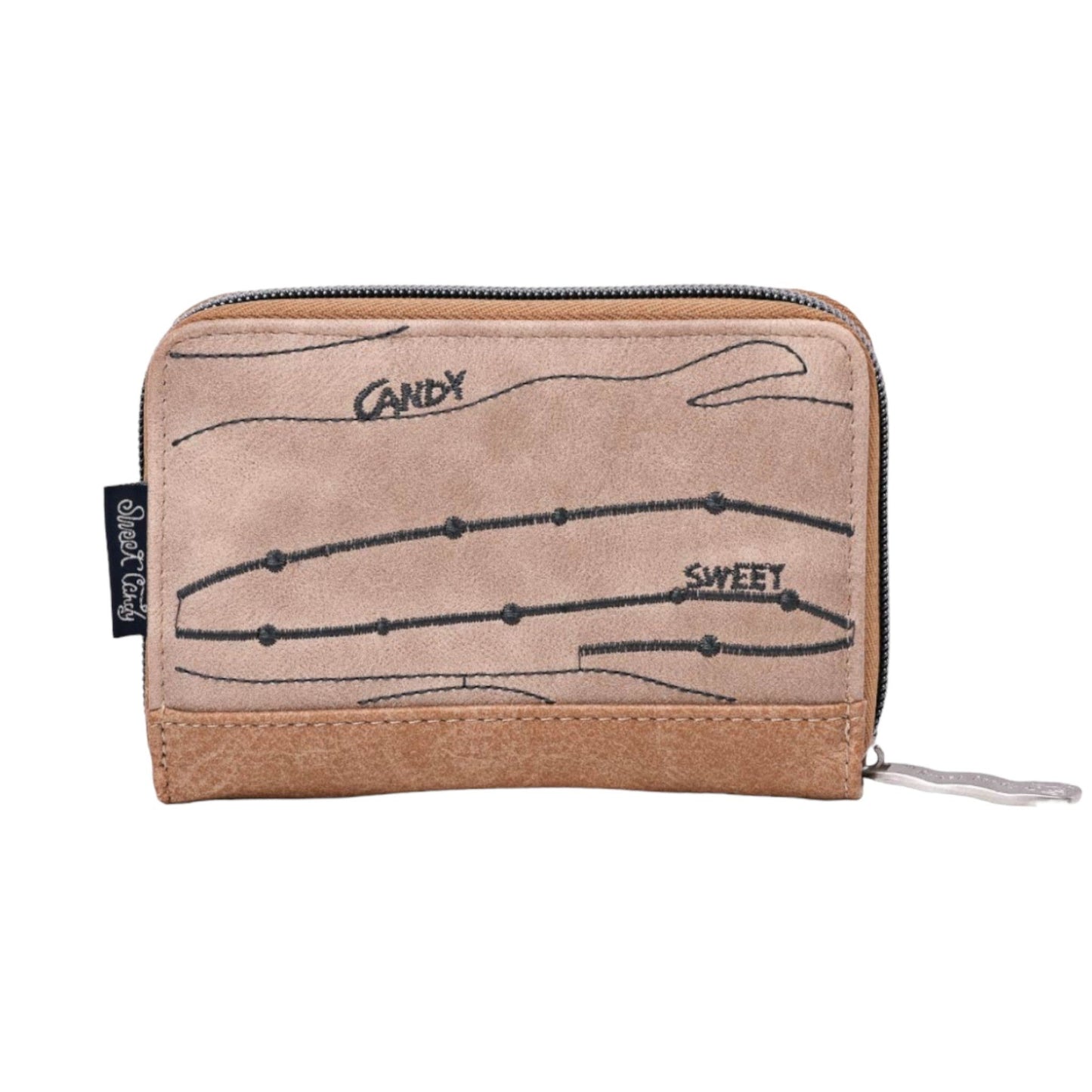 Zweifarbige Leder-Geldbörse mit Reißverschluss, verziert mit abstrakten Linien und Worten 'Candy' und 'Sweet'