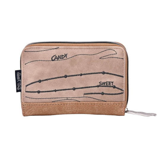 Zweifarbige Leder-Geldbörse mit Reißverschluss, verziert mit abstrakten Linien und Worten 'Candy' und 'Sweet'