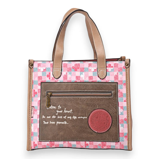Stilvolle Damenhandtasche mit rosa Muster, braunem Lederdetail und inspirierender Aufschrift, perfekt für den Alltag