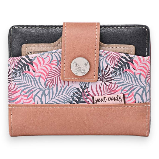 Stilvolle Damengeldbörse mit tropischem Blattmuster, rosa Lederdetails und Schmetterling-Knopf. Marke: Sweet Candy