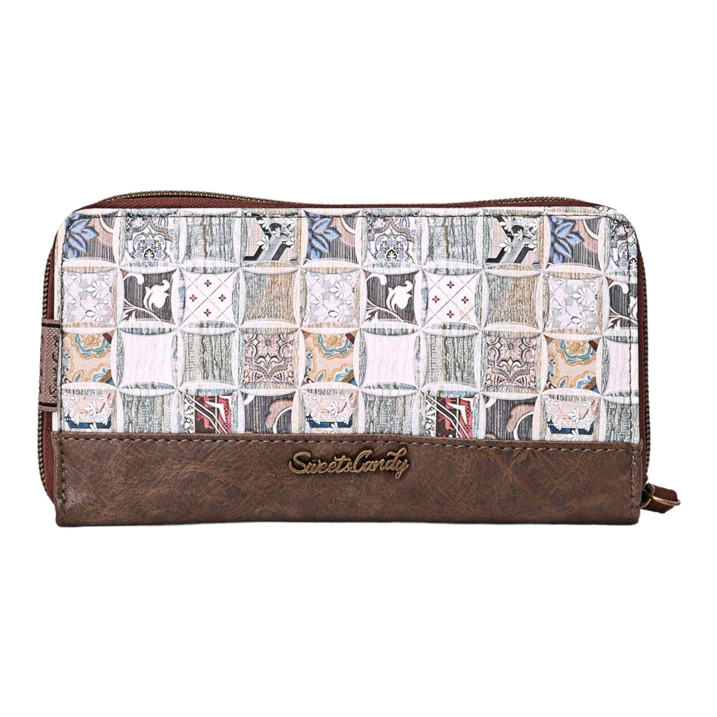 Stilvolle Geldbörse mit Patchwork-Muster und braunem Leder, Marke 'Sweete Candy', Reißverschluss, für Damen