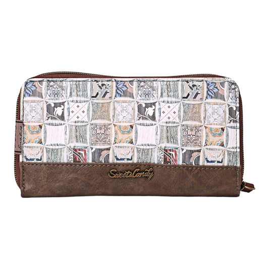 Stilvolle Geldbörse mit Patchwork-Muster und braunem Leder, Marke 'Sweete Candy', Reißverschluss, für Damen