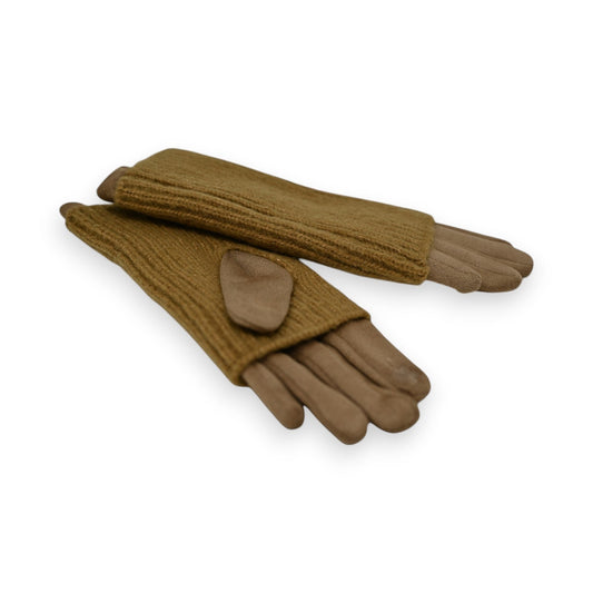 Zweifarbige 2-in-1 Handschuhe in Taupe, Wildlederimitat-Handflächen mit gestrickten Oberteilen, isolierend und stilvoll