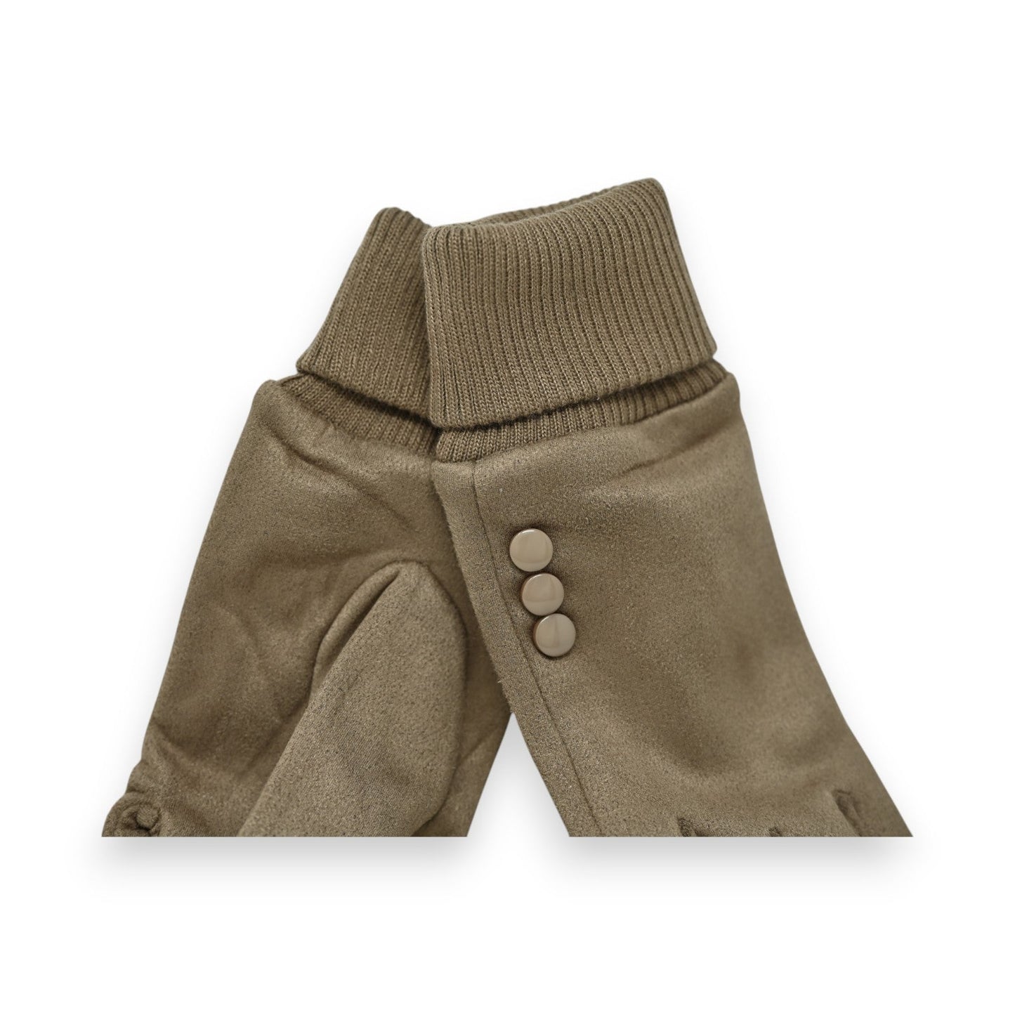 Elegante Zweistoffhandschuhe in Taupe mit Strickbund und drei dekorativen Knöpfen, hochwertige Winteraccessoires