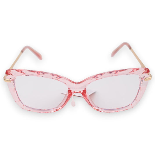 Transparente rosa Katzenaugen-Brille mit goldenen Bügeln, modisches Accessoire mit klaren Gläsern