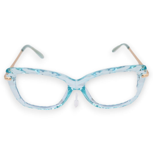 Transparente hellblaue Brille mit türkis marmoriertem Rahmen und goldenen Bügeln, modisches Accessoire