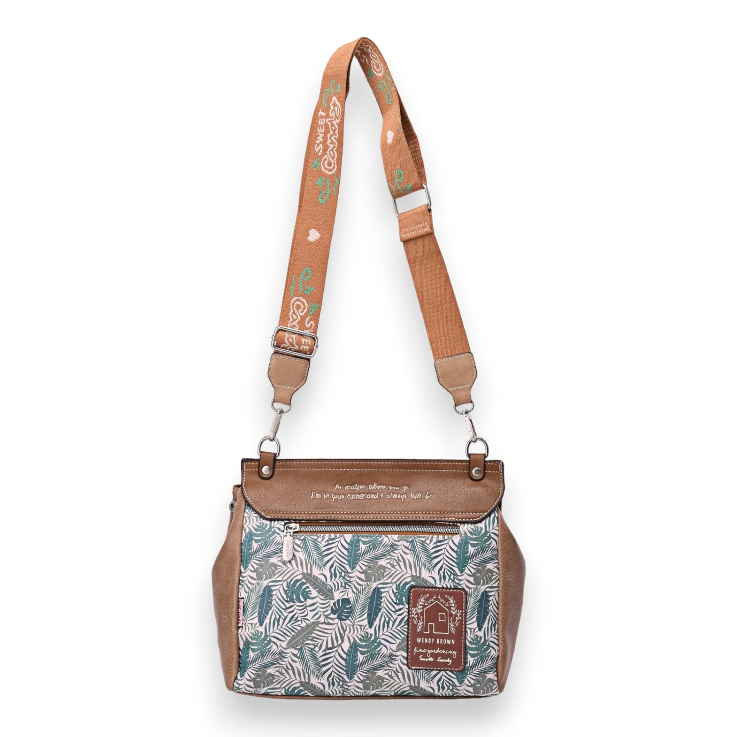 Quadratische Umhängetasche mit tropischem Muster, braunem Leder und verstellbarem Schulterriemen, Sweet & Candy Design