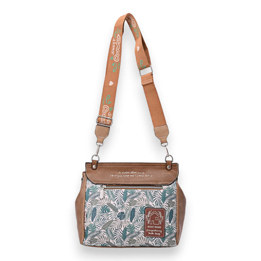 Quadratische Umhängetasche mit tropischem Muster, braunem Leder und verstellbarem Schulterriemen, Sweet & Candy Design