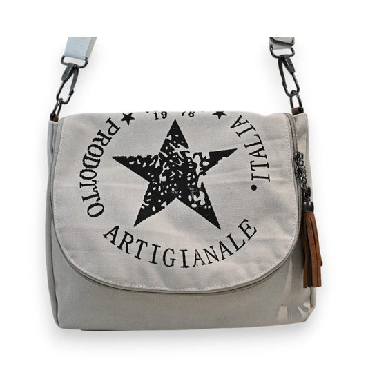 Gebrochenweiße Canvas-Umhängetasche mit schwarzem Stern und italienischer Aufschrift, Reißverschluss und Lederquaste