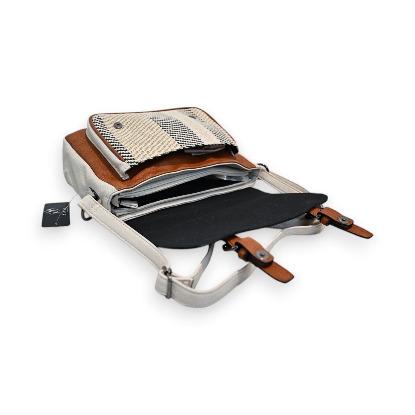 Stilvolle dreifarbige Umhängetasche mit Pastelltönen, geöffnet zeigt Innenfächer und Verschlüsse im Pariser Stil